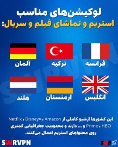 🎬 لوکیشن‌های مناسب برای استریم و تماشای فیلم و سریالبهترین لوکیشن‌های VPN
